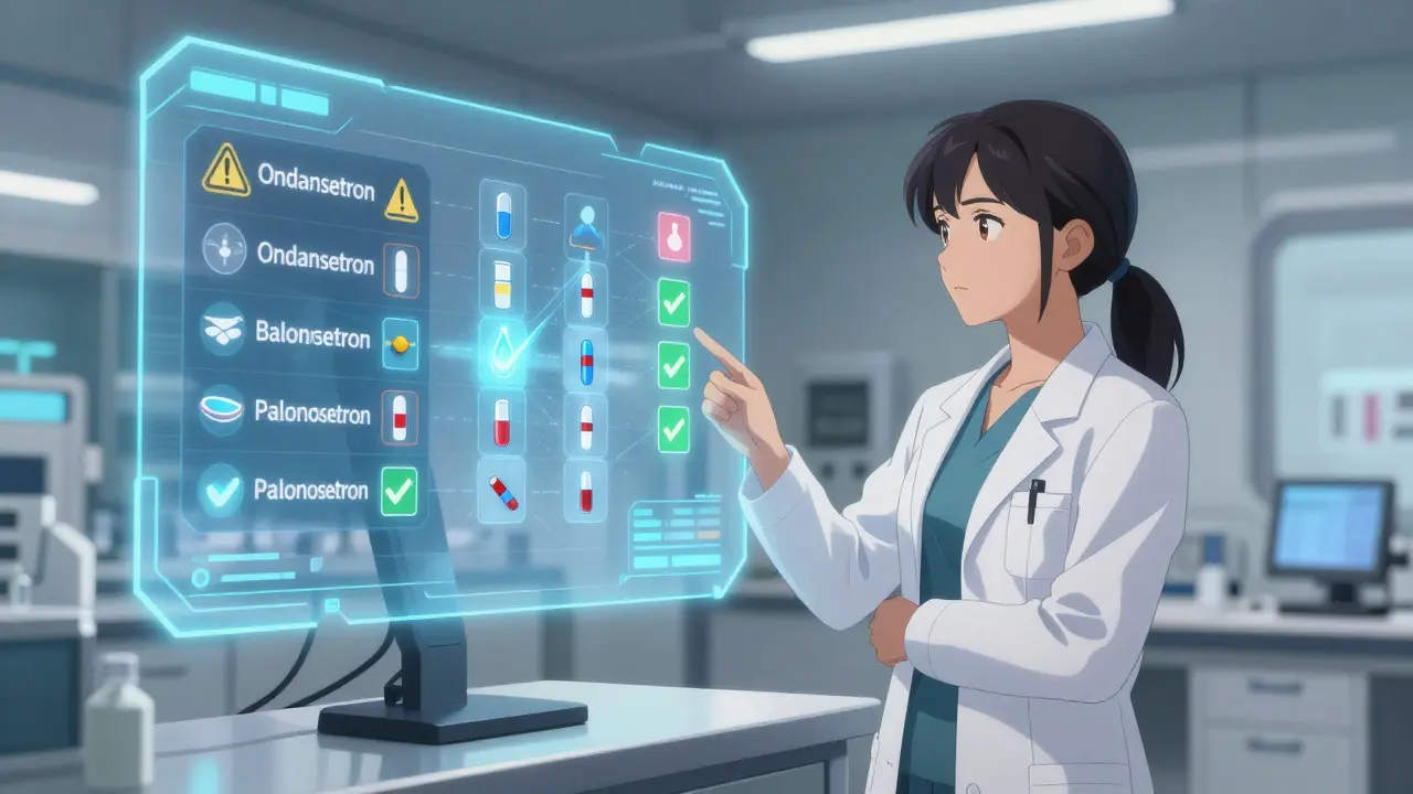 Scientist analyzing holographic drug safety charts in lab