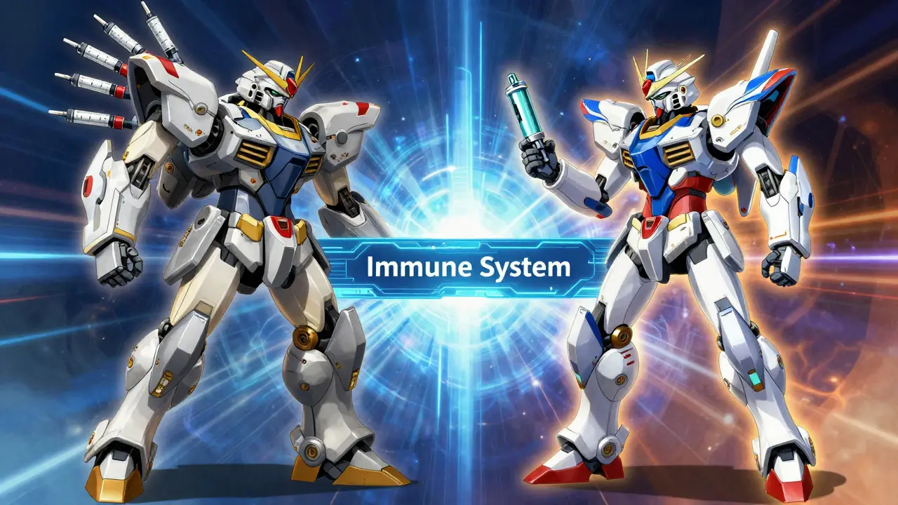 Two anime mechas representing shots vs tablets in a dynamic comparison