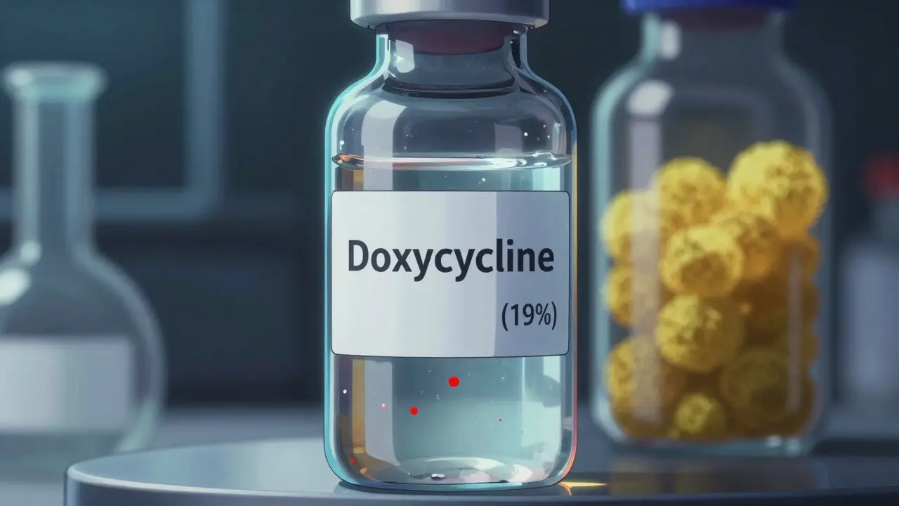 Vial of doxycycline with sparse particles versus dense tetracycline clumps.