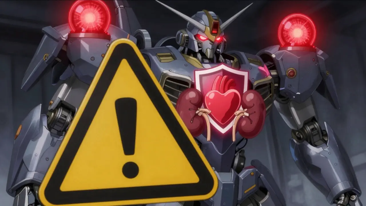 A dramatic mecha anime image featuring safety warnings and protective shields around vital organs, illustrating the risks of improper medication use and the need for medical supervision.