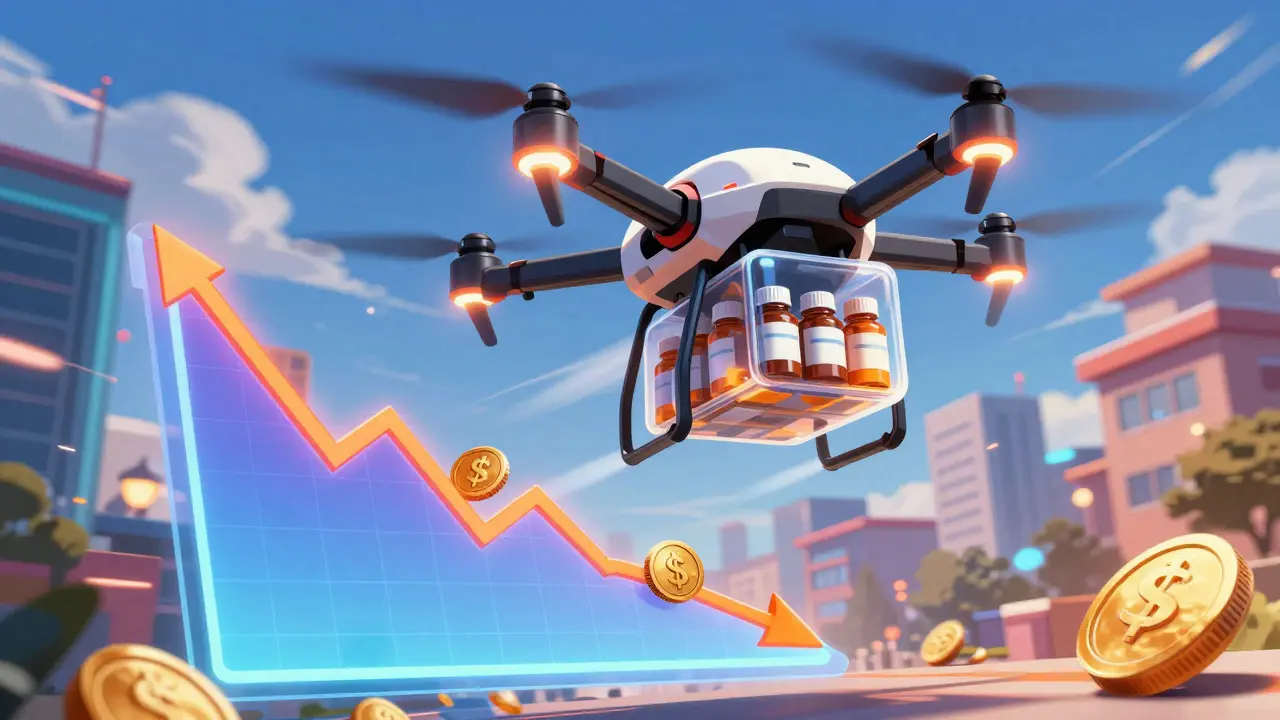 A futuristic delivery drone carrying medicine over a city with savings graphics
