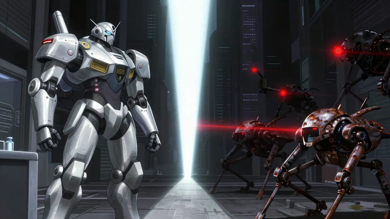 A safe pharmacy mecha facing off against dark counterfeit drones in a cyberpunk city