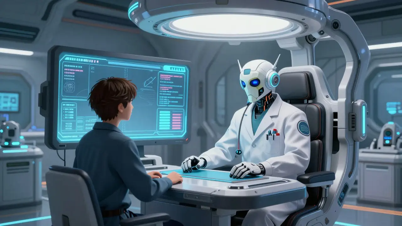 An anime-inspired scene showing a secure telemedicine consultation via advanced technology, highlighting the convenience and safety of virtual healthcare for prescription medications.