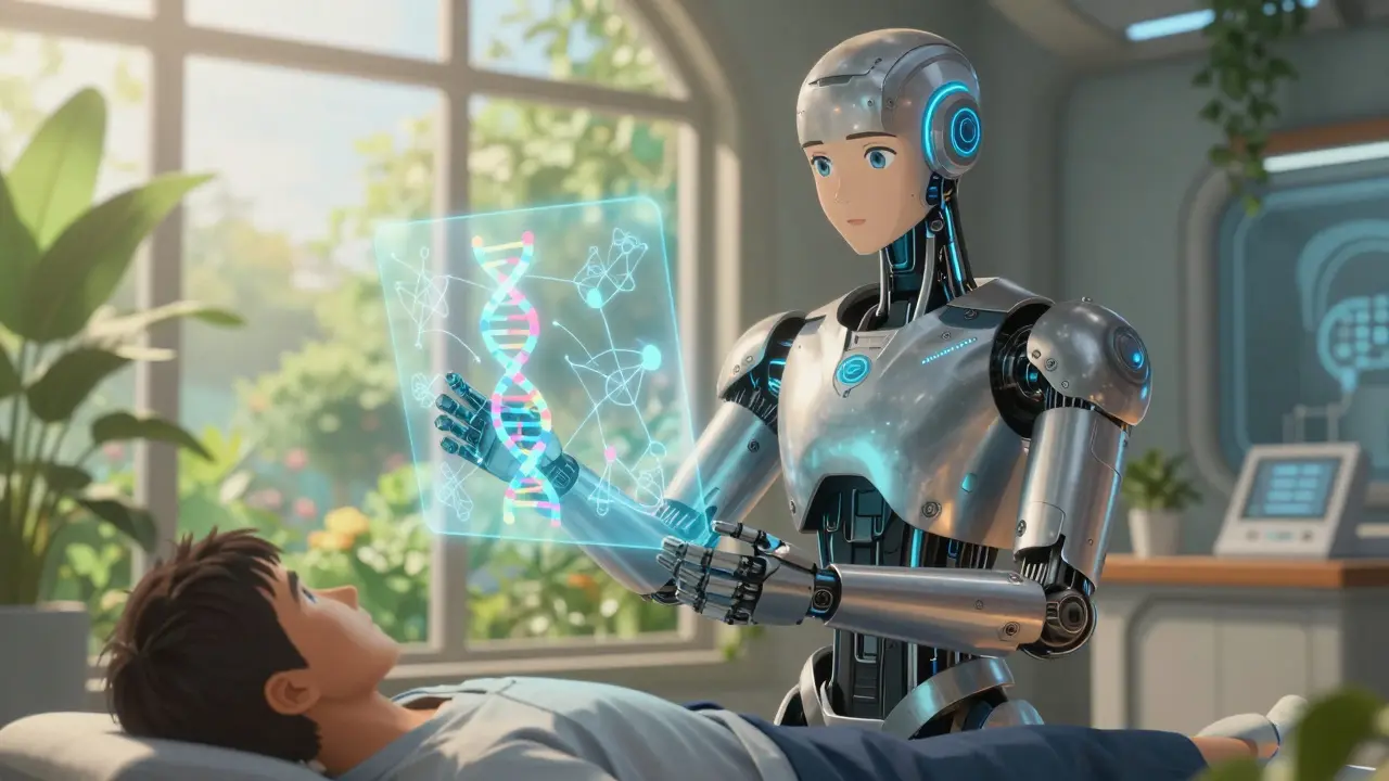 Android assistant reviewing holographic health data with a patient in a sunny garden