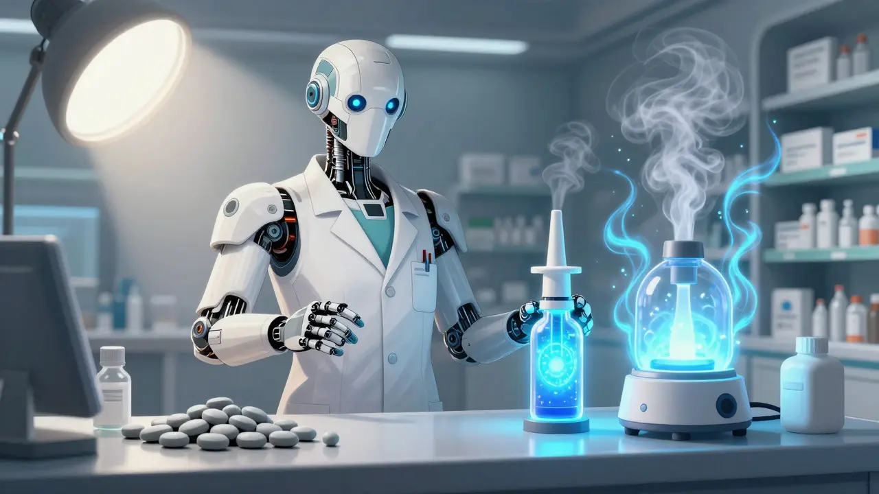 Android pharmacist contrasting old pills with glowing nasal sprays and humidifiers