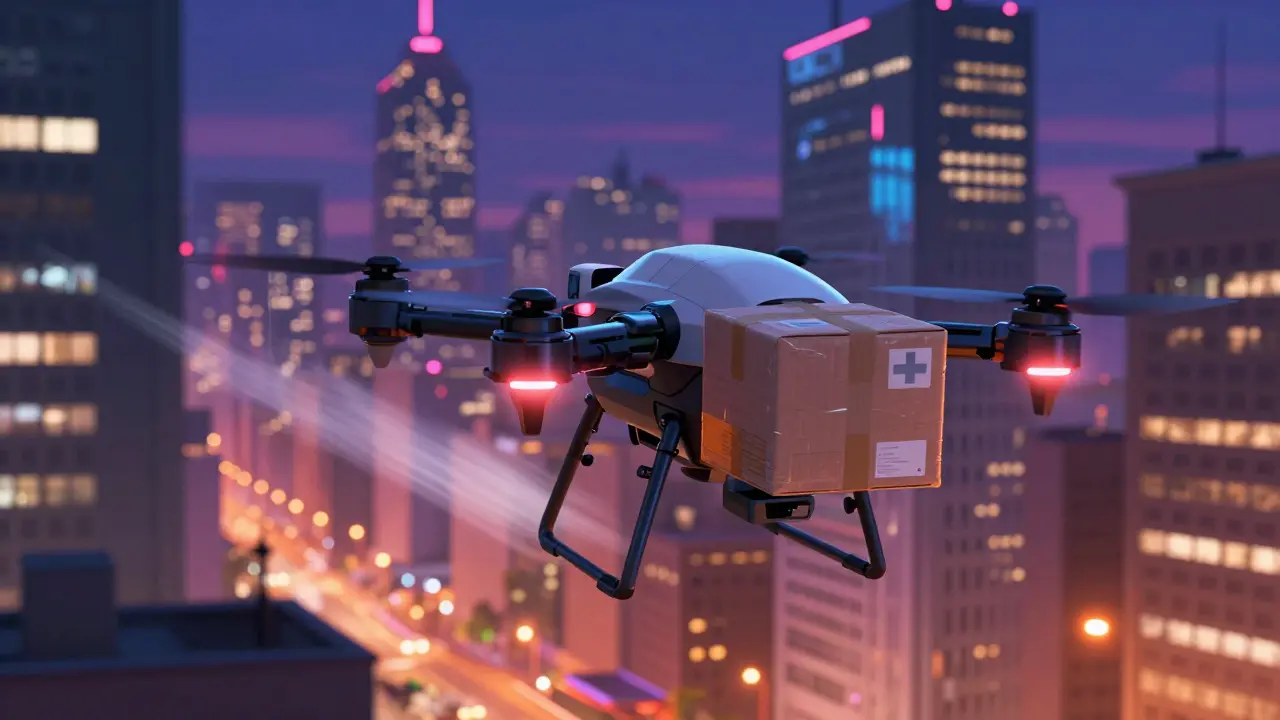 Armored delivery drone transporting a medical package through a neon city