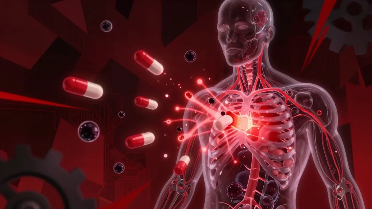 Cybernetic body showing dangerous drug-alcohol interaction in bloodstream