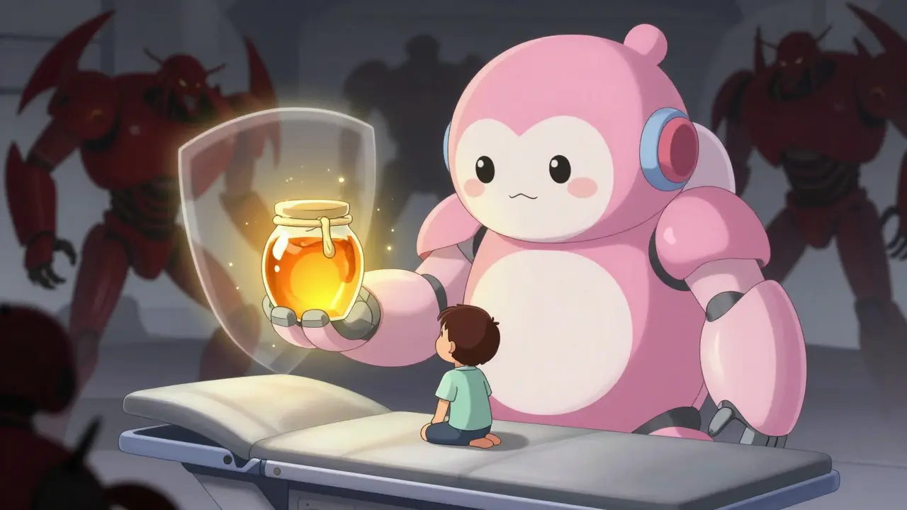 Gentle mecha offering glowing honey to protect a child from dark medicine robots