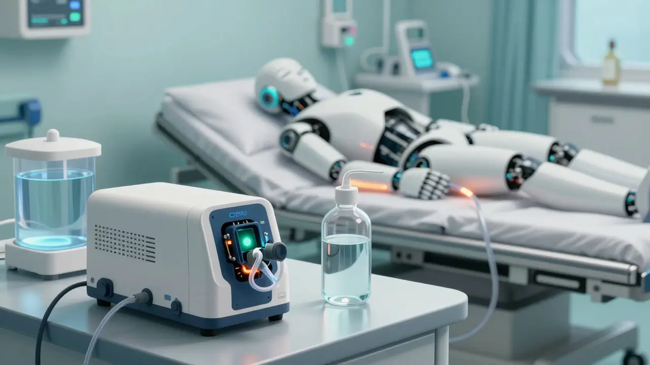 High-tech CPAP machine and sleeping robot in clean, serene bedroom