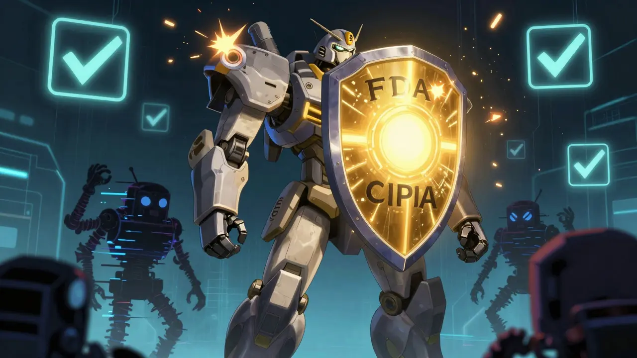 Mecha shield protecting against rogue bots representing counterfeit drugs