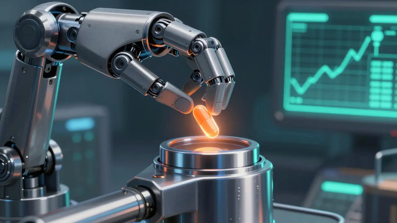 Mechanical arm dispensing glowing antibiotic tablet
