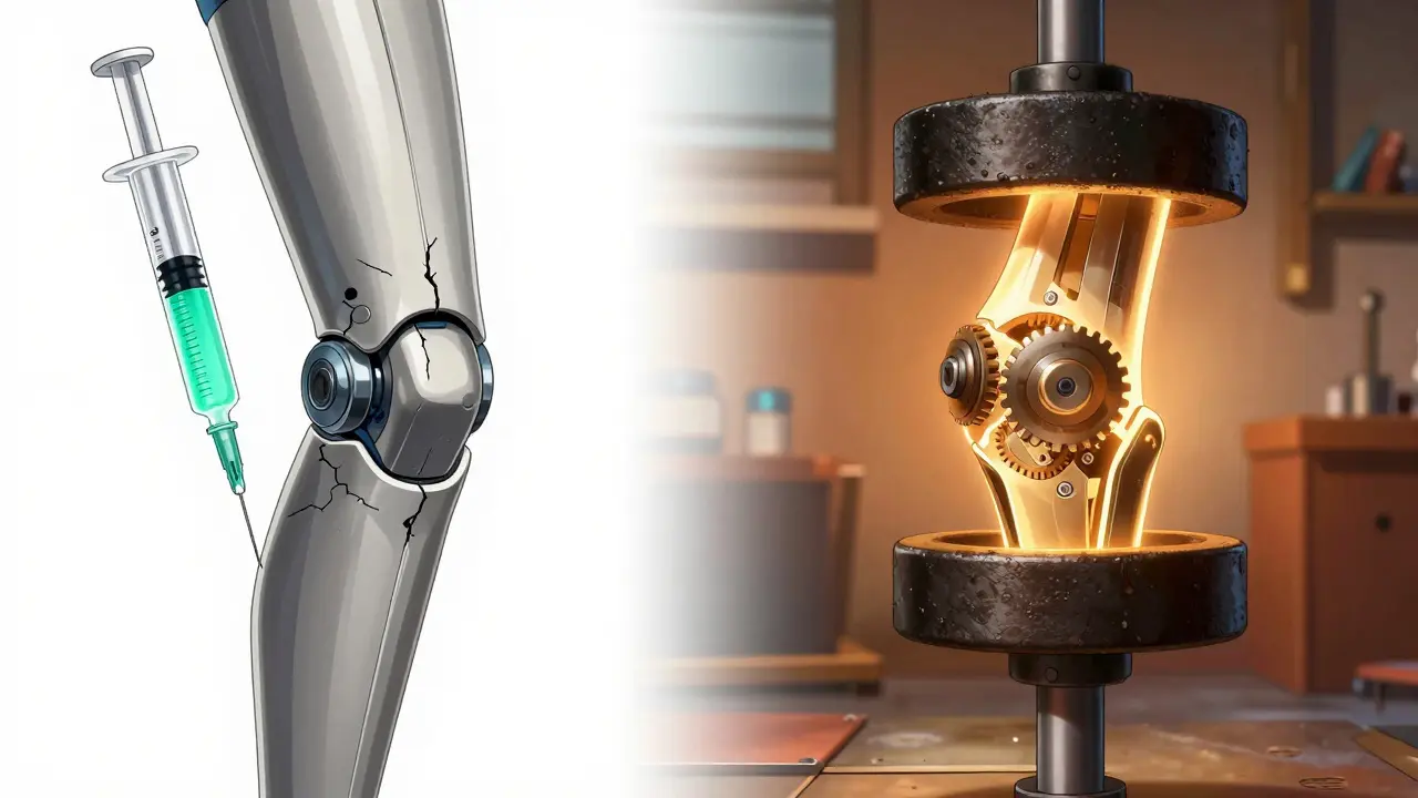 Mechanical knee comparing injection weakness vs weight training strength