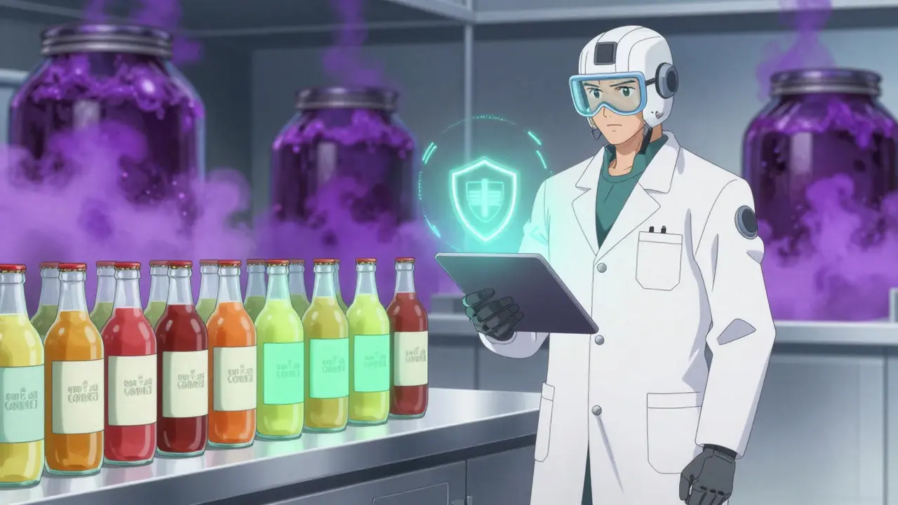 Medical professional with holographic shield next to safe kombucha bottles