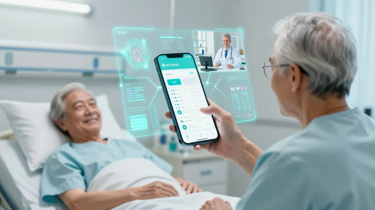 Patient viewing holographic health data streams connected to doctors in anime style