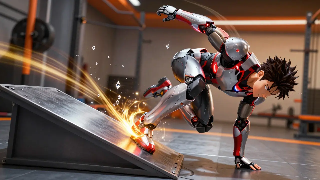 Robotic athlete doing heel drops with golden energy healing effects