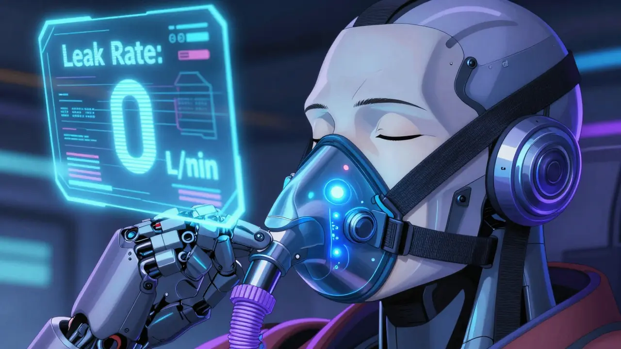 Robotic hand adjusting CPAP mask straps with holographic leak data