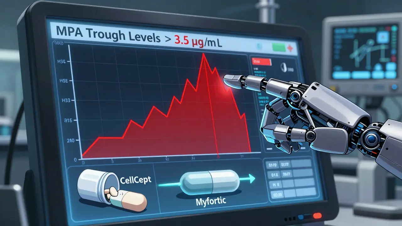 Anime style visualization of drug levels and switching mycophenolate formulations.