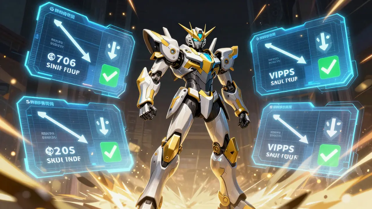 Armored anime character standing before holographic screens showing price discounts and safety verification.