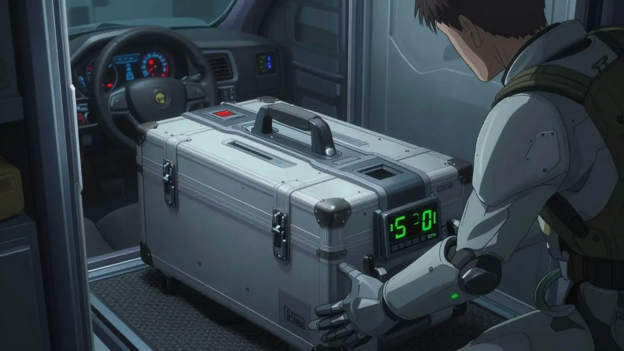 Armored medical case being stored in a cool safe location