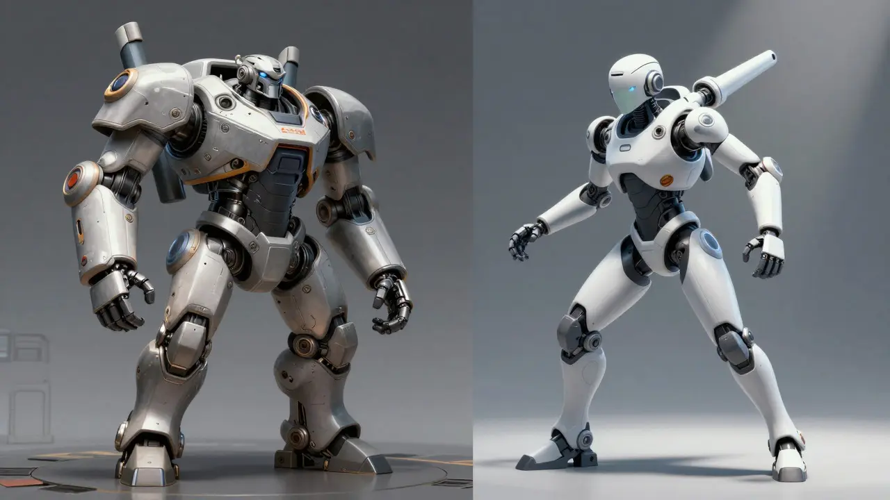 Comparison of a heavy branded robot versus a lightweight generic robot, symbolizing cost savings.