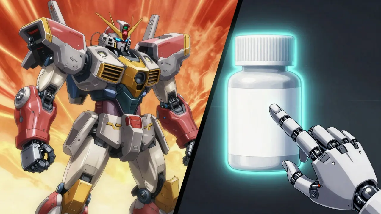 Comparison of brand vs generic medication in mecha anime style