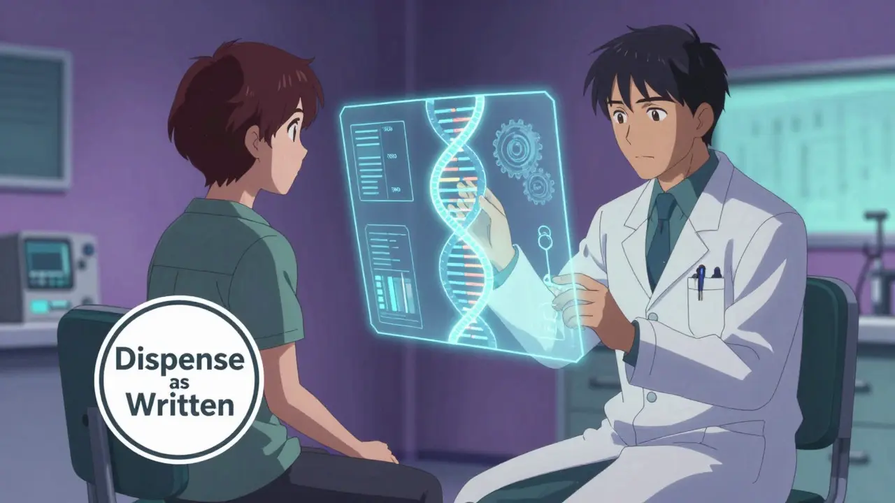 Doctor reviewing holographic DNA and gear analysis with patient