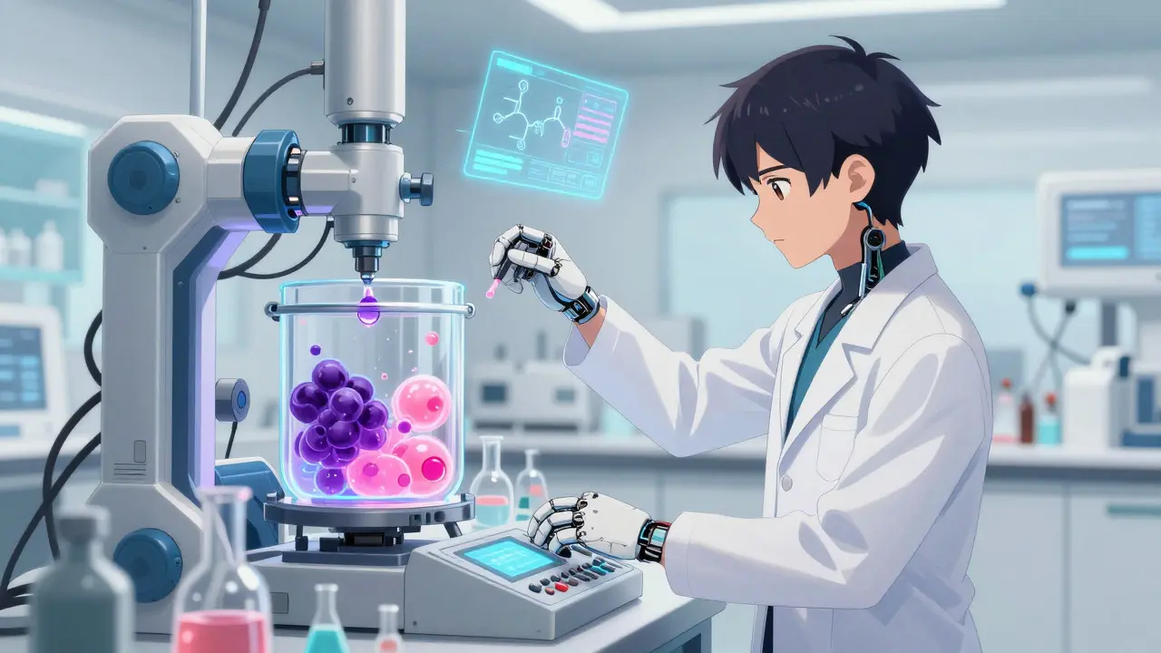Futuristic pharmacist mixing flavored medicine in mecha anime style