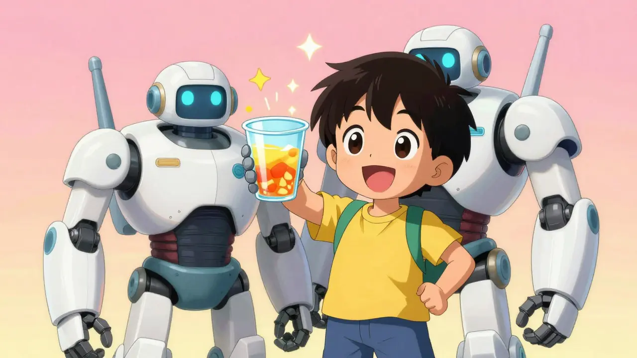 Happy child accepting flavored medicine with robot aid in anime