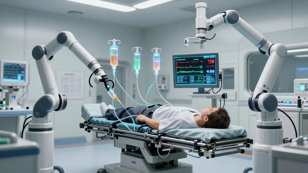High-tech medical bay with robotic arms treating a patient via IV drips