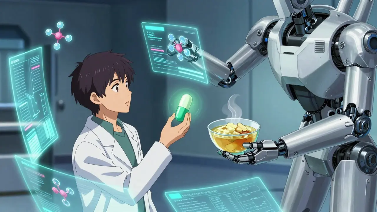 Mecha anime art of a patient managing nausea with food and medication strategies.