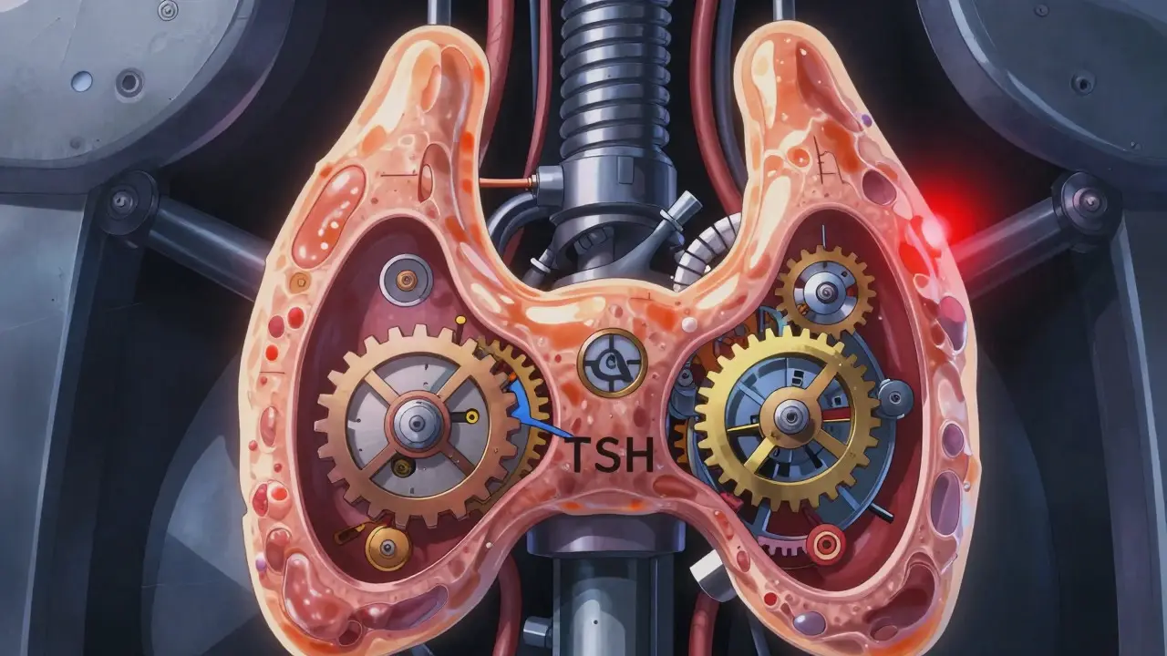 Mechanical gears inside thyroid organ showing delicate hormonal balance