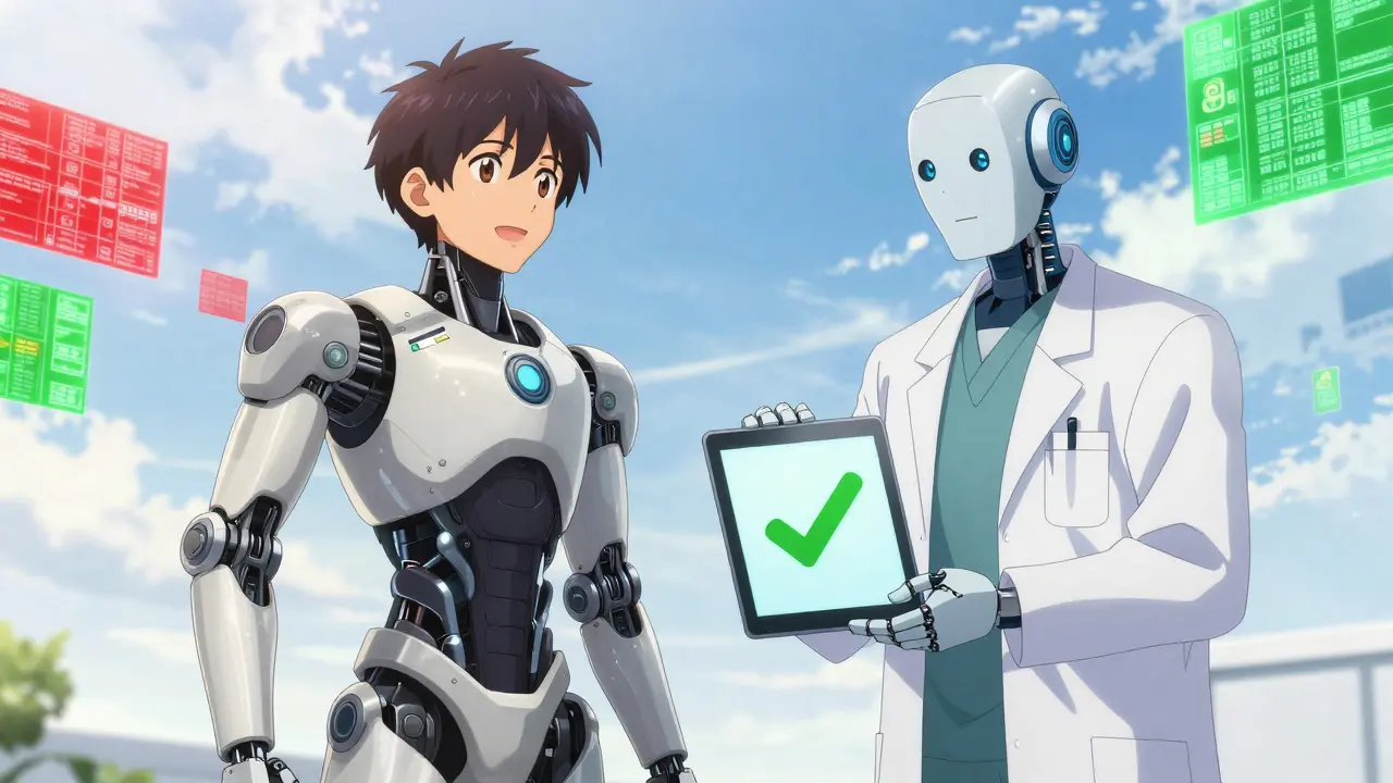 Patient and doctor robot discussing medication alternatives in bright light