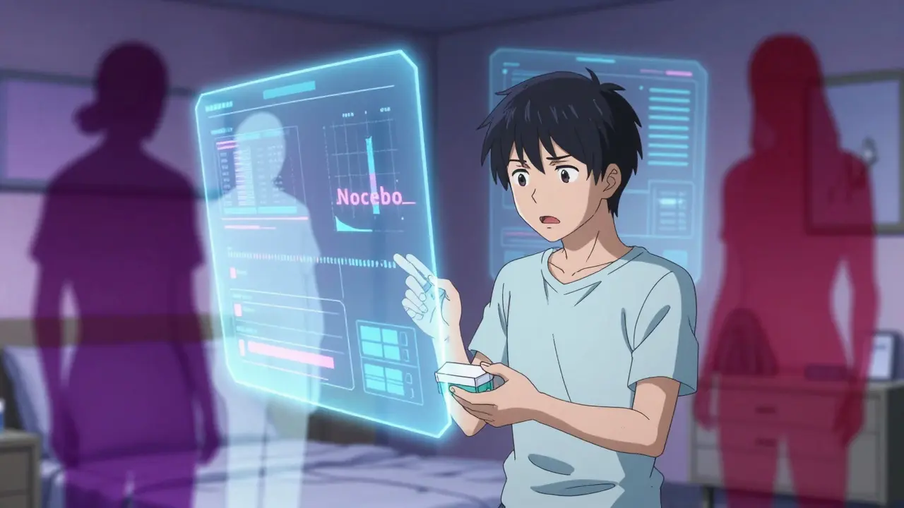 Patient confronting shadowy nocebo effect figures while checking health stats on a holographic display.