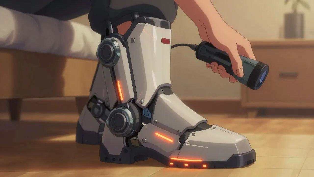 Person wearing futuristic smart boots for diabetic foot care inspection