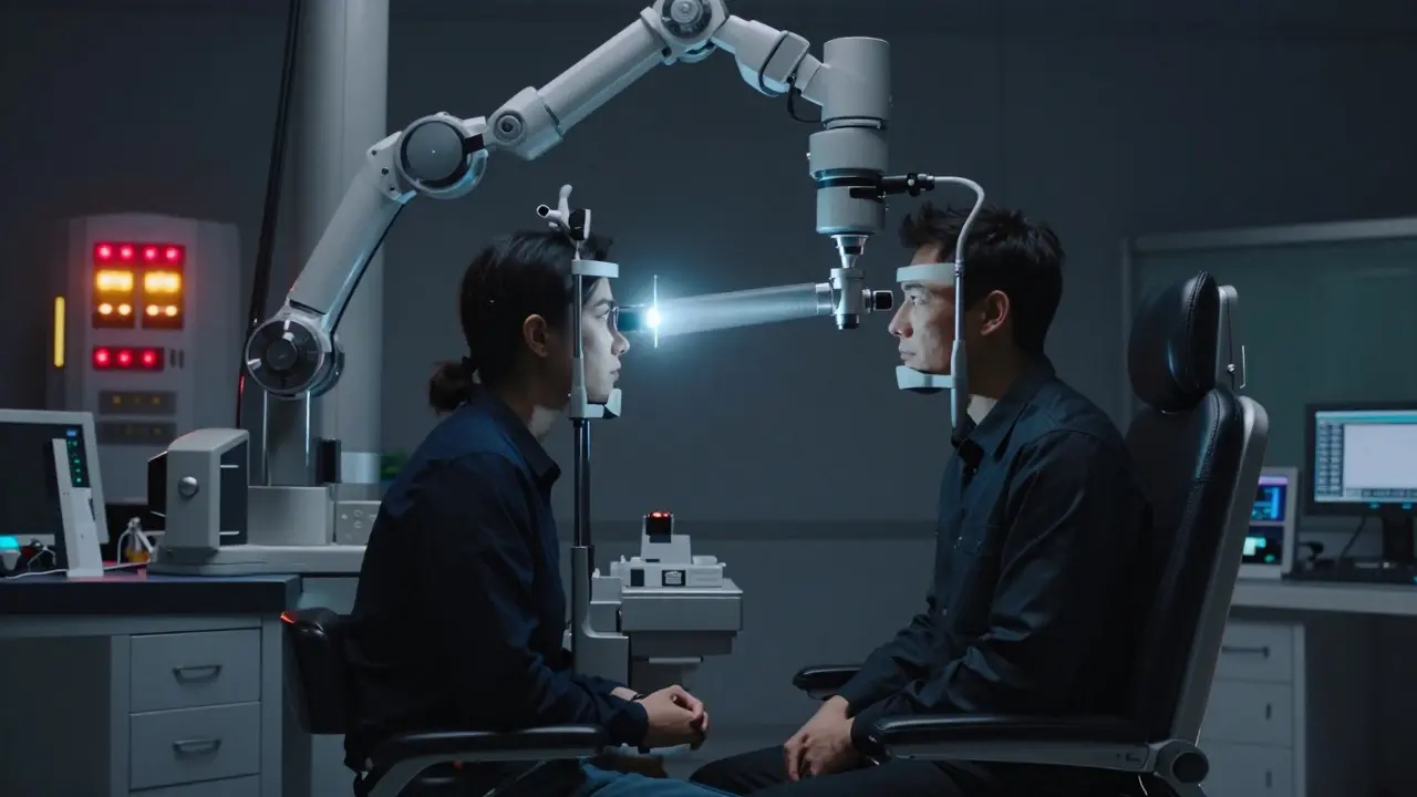 Robotic arm performing a detailed eye examination in a high-tech clinic