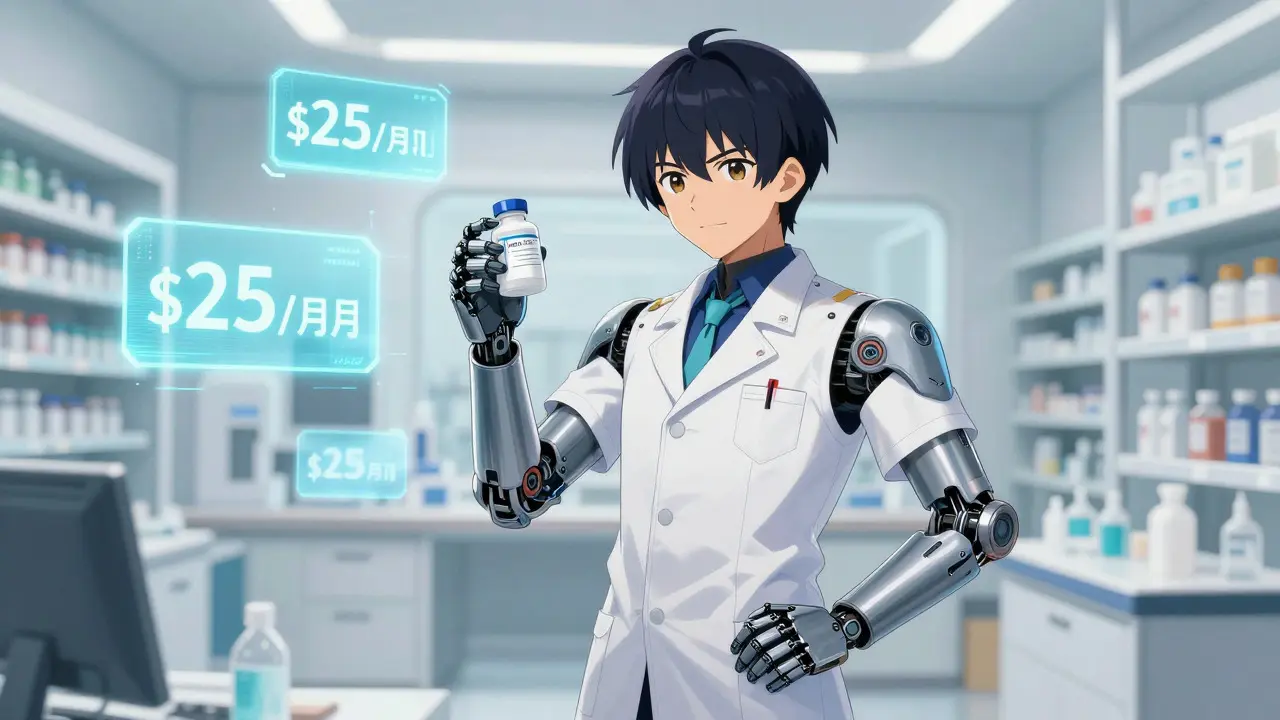 Robotic pharmacist holding prescription with holographic pricing