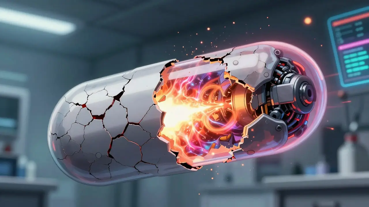 Robotic pill capsule cracking and leaking unstable energy