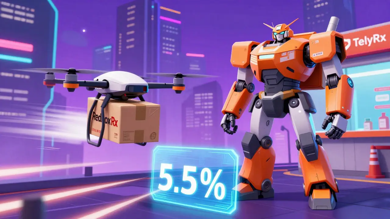 Sci-fi drones delivering medicine packages in neon city