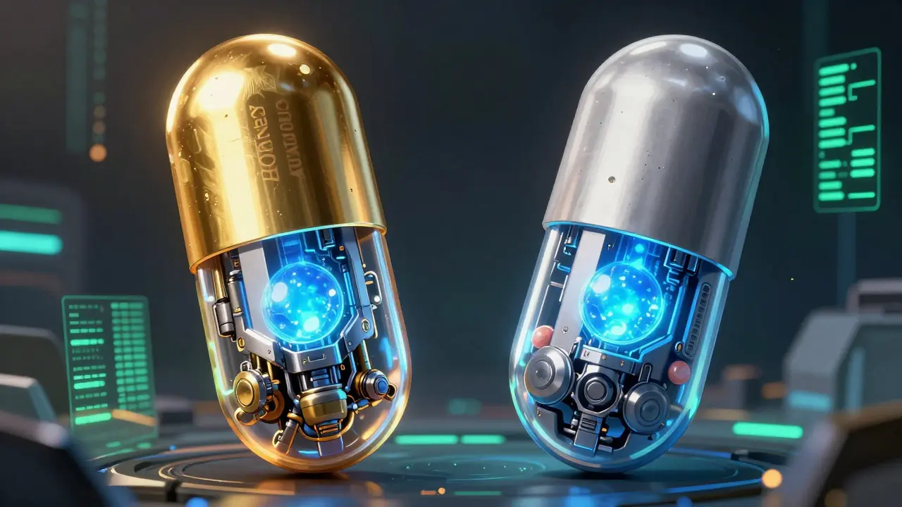 Side-by-side comparison of brand and generic pills shown as intricate mechanical devices with identical cores.