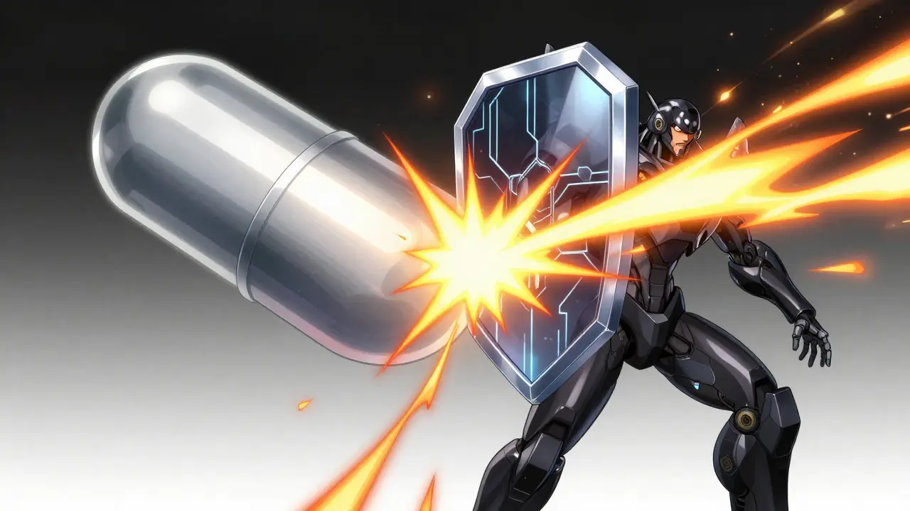 Two futuristic medicine capsules merging into a shield against pain blasts