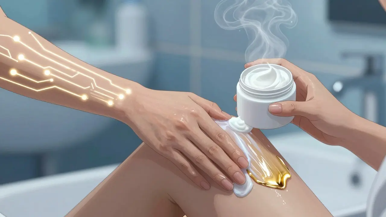Anime character applying moisturizer to glowing, circuit-patterned arms in a steamy bathroom