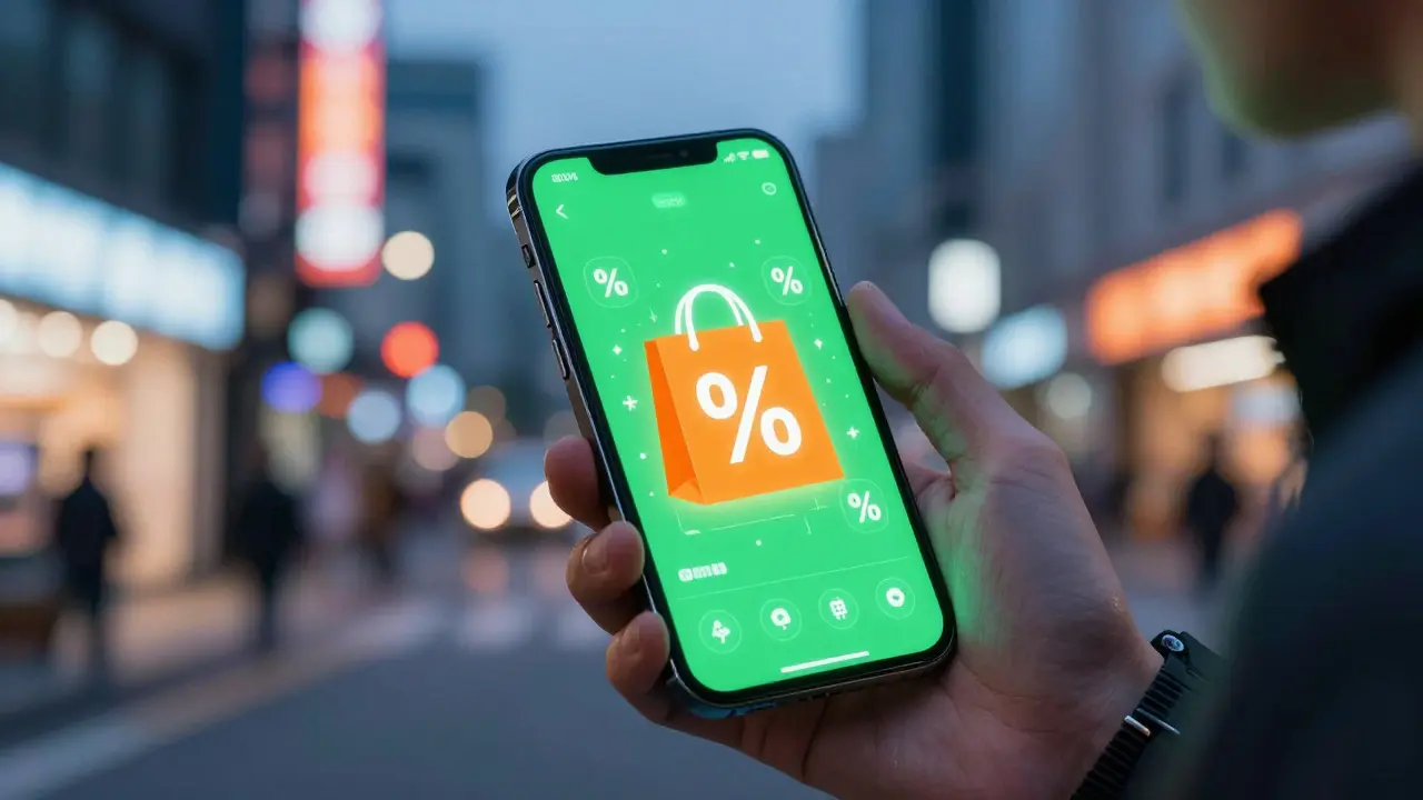 Anime character checking phone with holographic discount projections in city