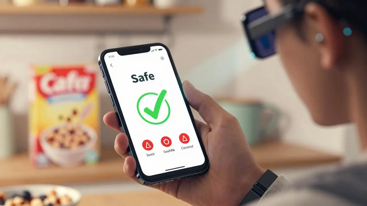 Anime character using AR phone app to verify safe food ingredients