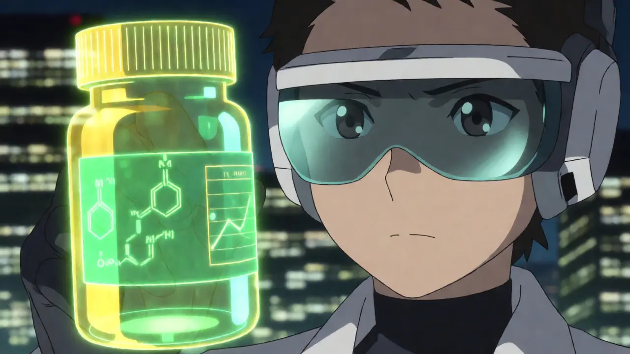 Character analyzing holographic pill data with futuristic visor