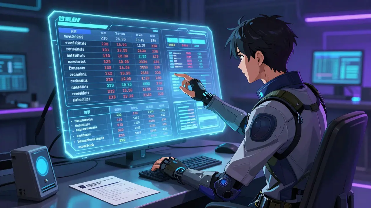 Character analyzing price data on a holographic screen