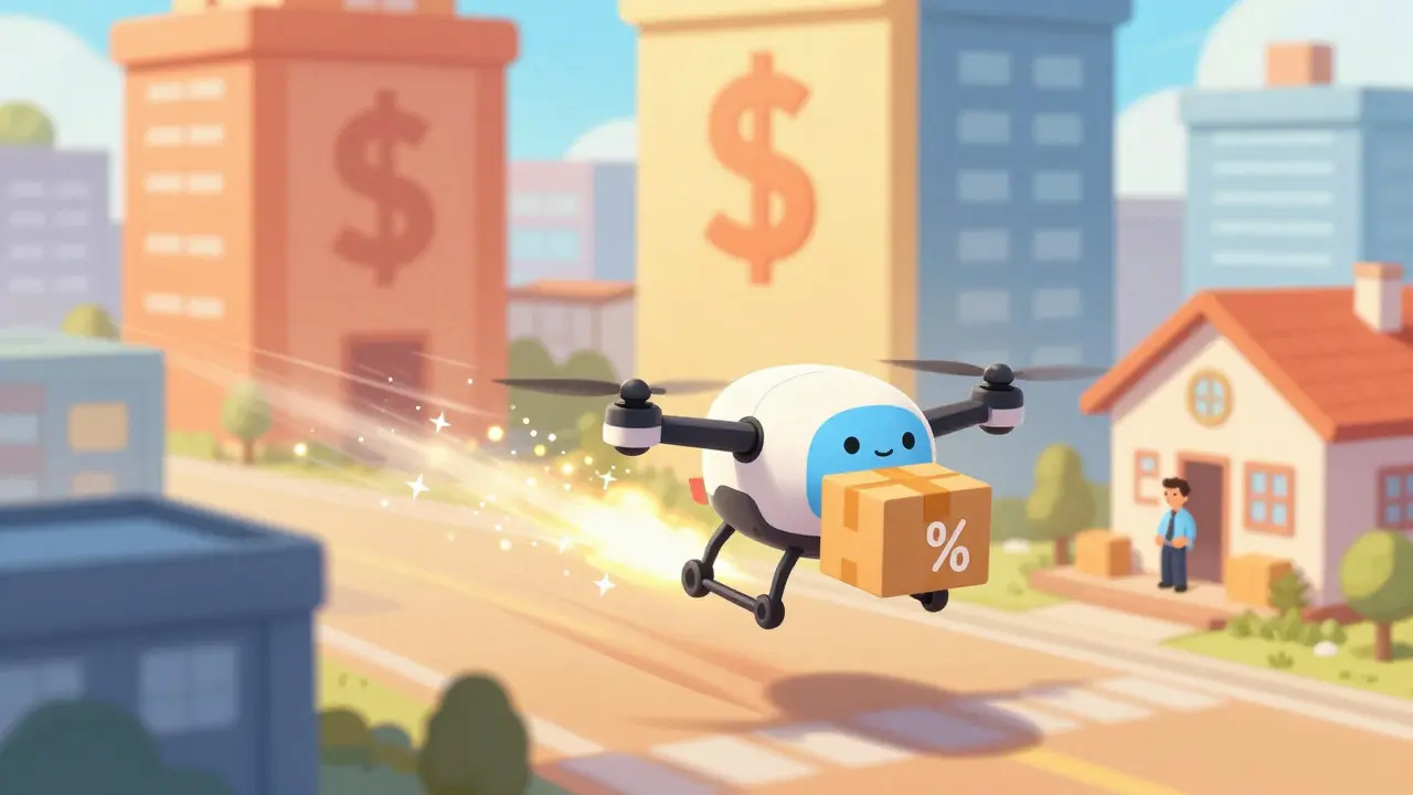 Courier drone delivering discounted medication through a city