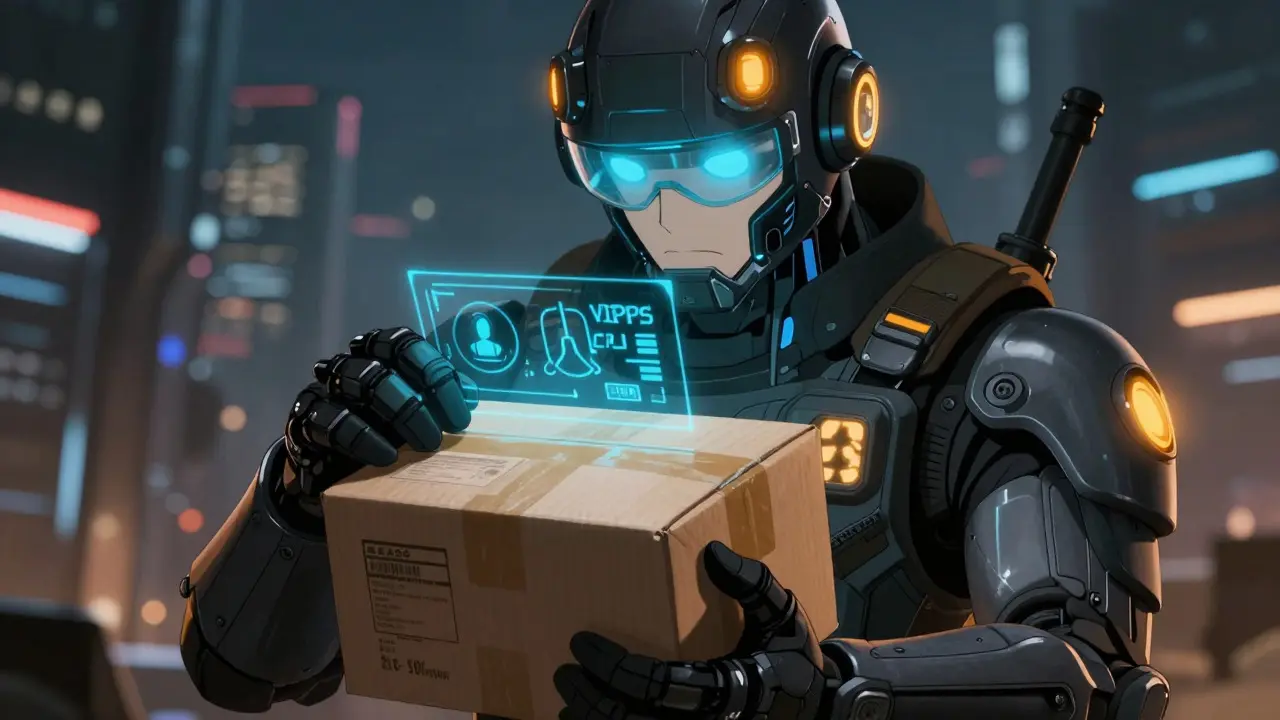 Cyberpunk character scanning medication package for safety seals and authenticity.
