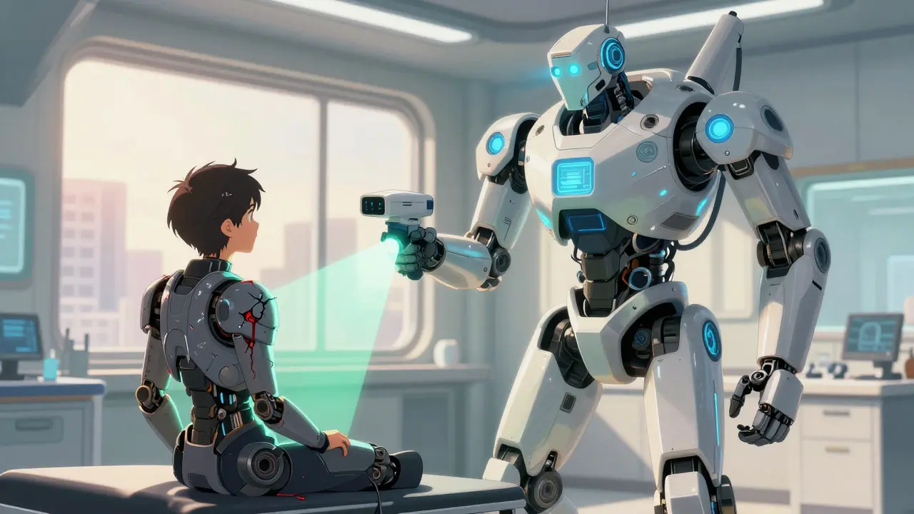 Doctor mecha scanning a damaged patient mecha in a bright clinic