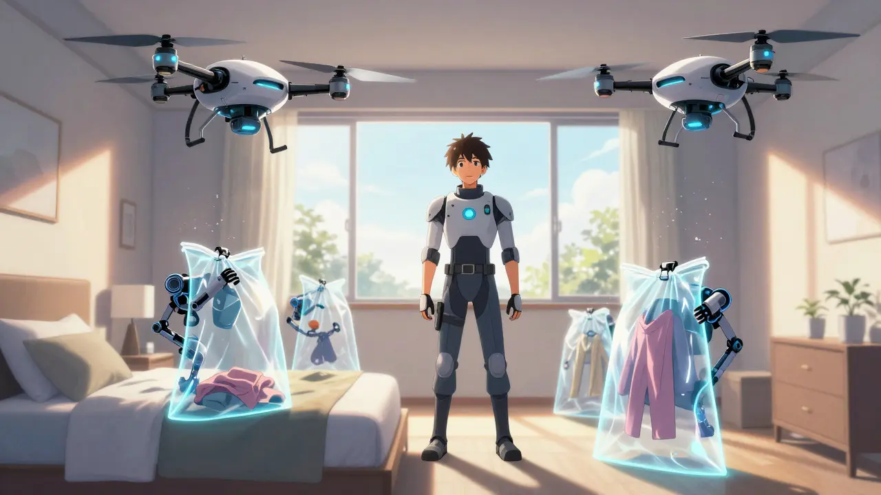 Drones sealing laundry in bags during scabies treatment cleanup