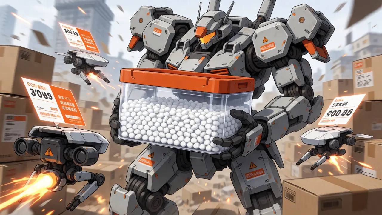 Giant mech holding bulk pill container amid shipping chaos